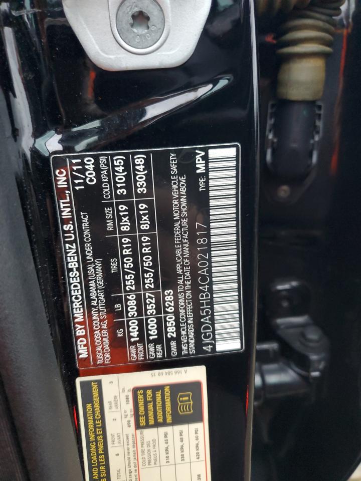 2012 Mercedes-Benz M-klasse VIN 4JGDA5HB4CA021817 Copart auction photo, front end damage thumbnail 13