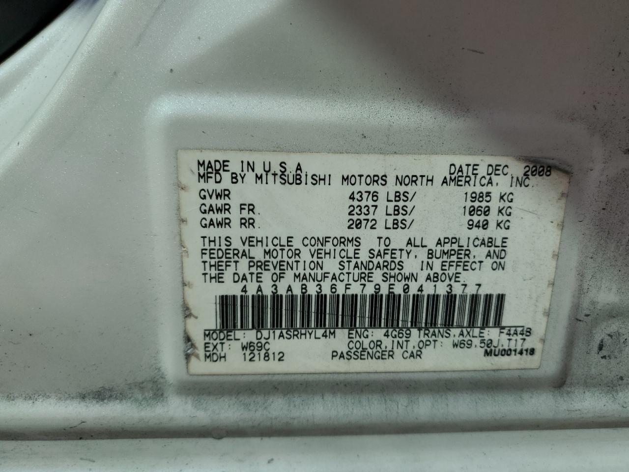 2009 Mitsubishi Galant VIN 4A3AB36F79E041377 Copart auction photo, side damage thumbnail 14