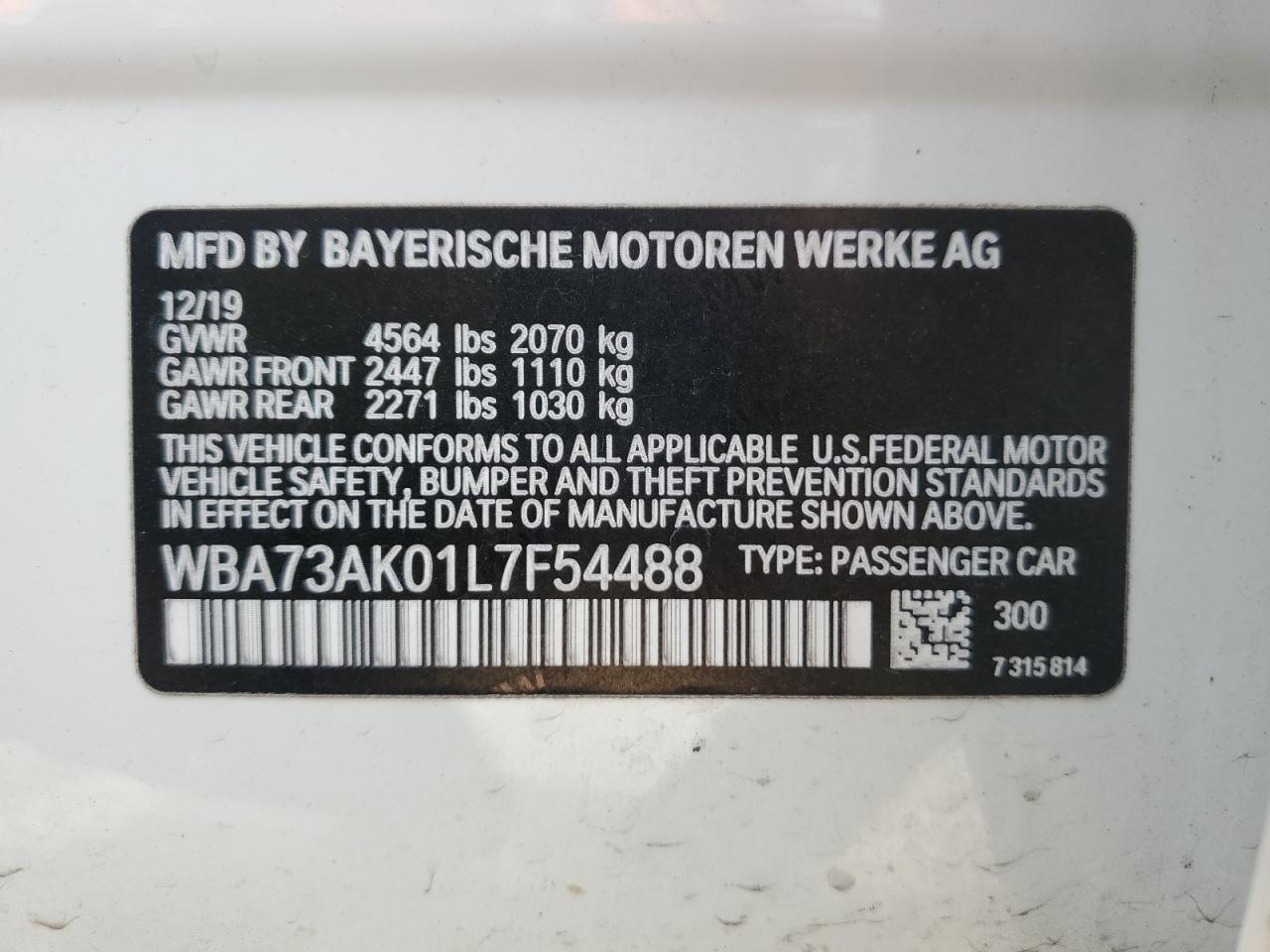 2020 BMW 2er VIN WBA73AK01L7F54488 Copart auction photo, front end damage thumbnail 12
