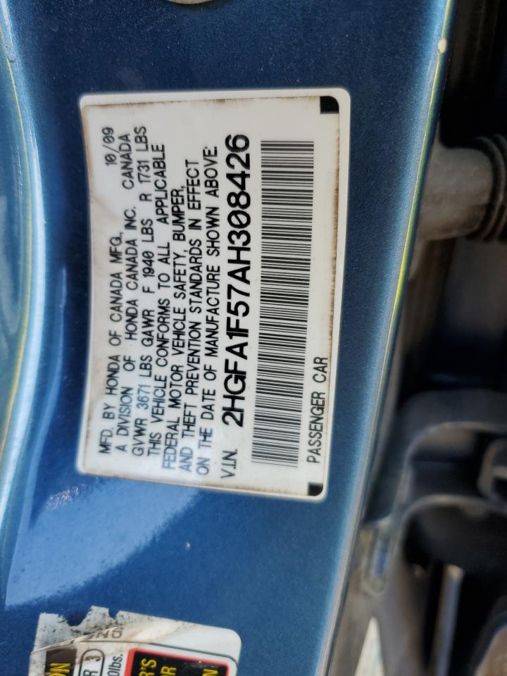 2010 Honda Civic VIN 2HGFA1F57AH308426 Copart auction photo, side / rear end damage thumbnail 12