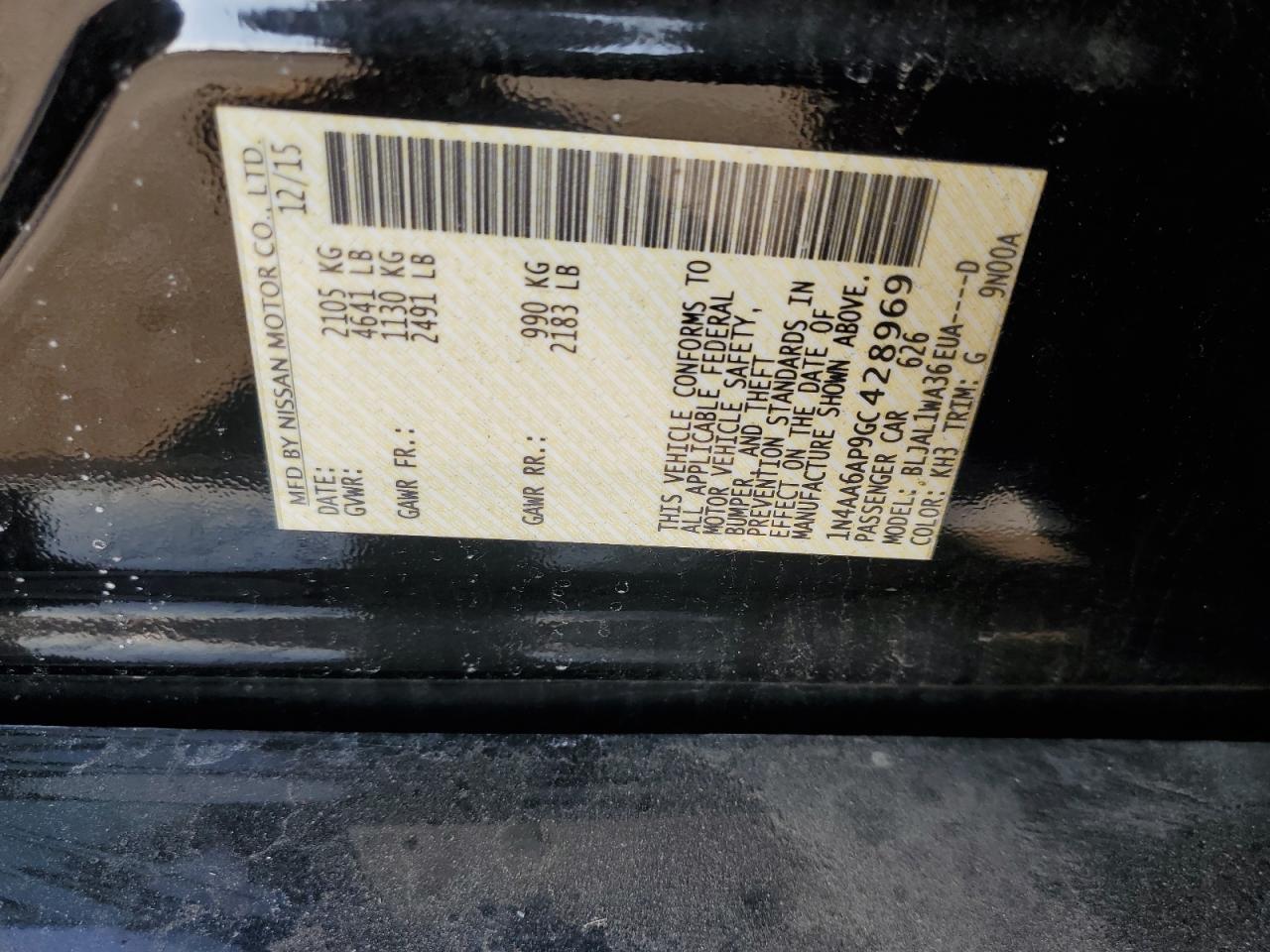 2016 Nissan Maxima VIN 1N4AA6AP9GC428969 Copart auction photo, rear end / minor dent/scratches damage thumbnail 14