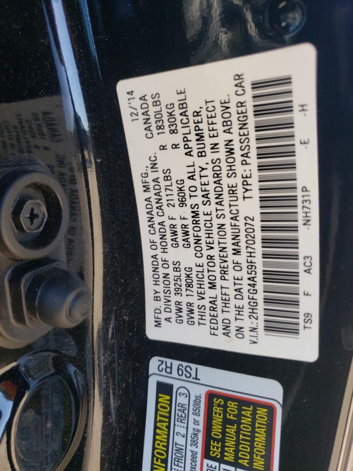 2015 Honda Civic VIN 2HGFG4A59FH702072 Copart auction photo, front end damage thumbnail 13