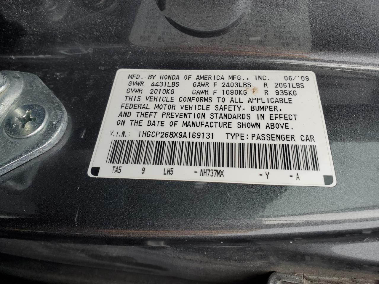 2009 Honda Accord VIN 1HGCP268X9A169131 Copart auction photo, front end / side damage thumbnail 12