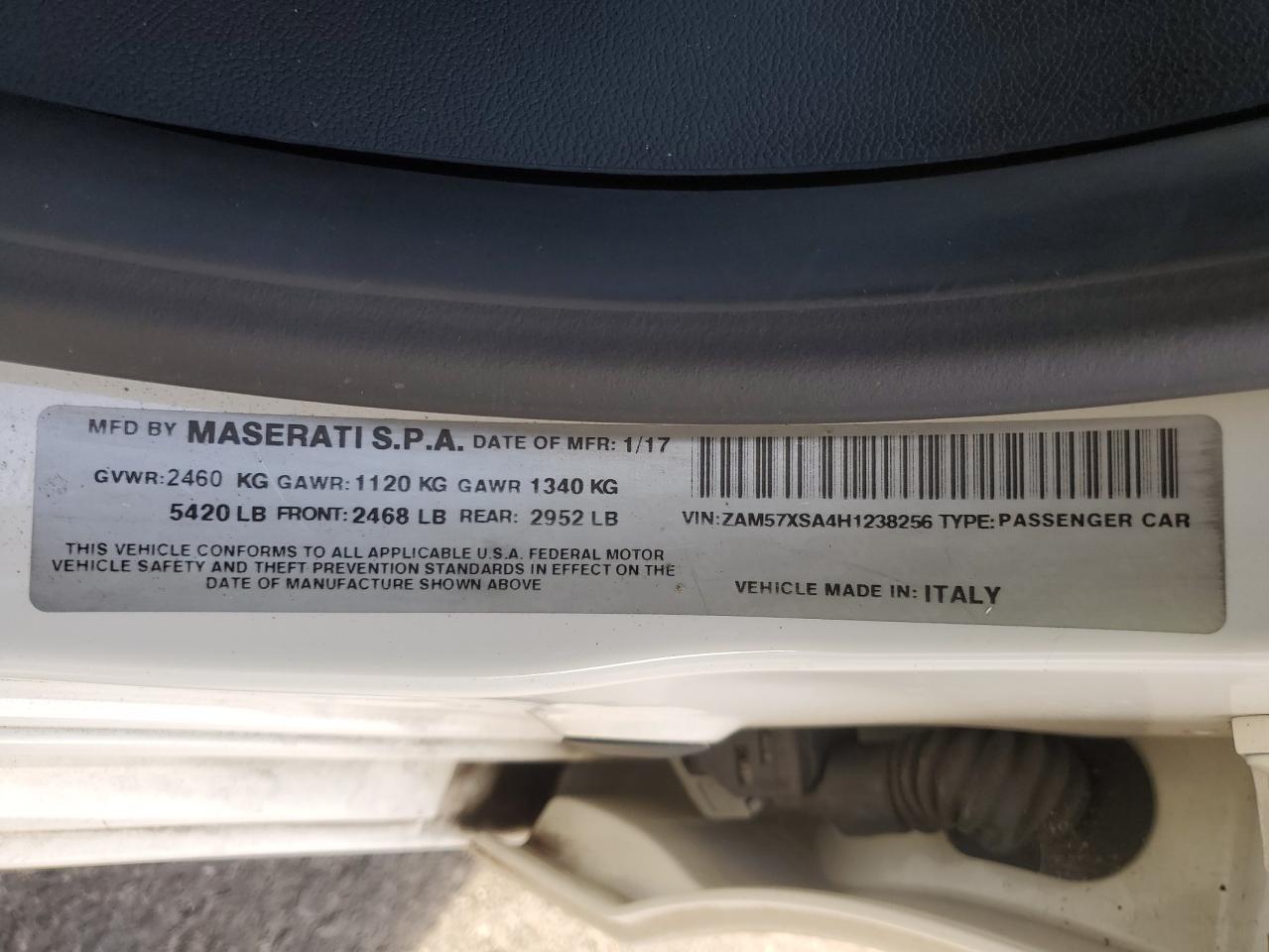 2017 Maserati Ghibli VIN ZAM57XSA4H1238256 Copart auction photo, front end / side damage thumbnail 12