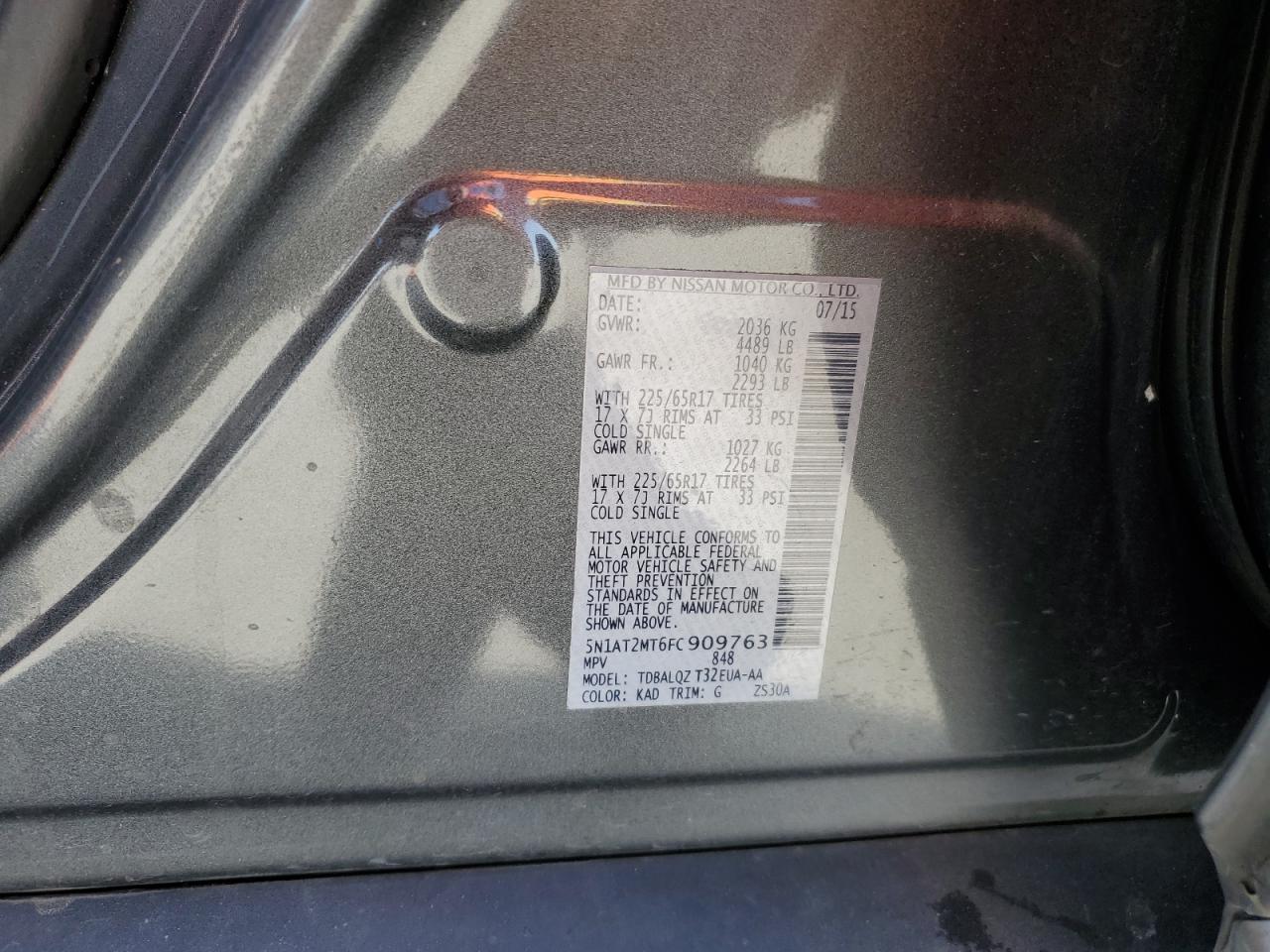 2015 Nissan Rogue VIN 5N1AT2MT6FC909763 Copart auction photo, rear end damage thumbnail 13