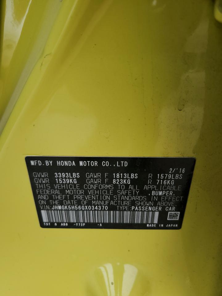 2016 Honda Fit VIN JHMGK5H56GX034370 Copart auction photo, front end damage thumbnail 14