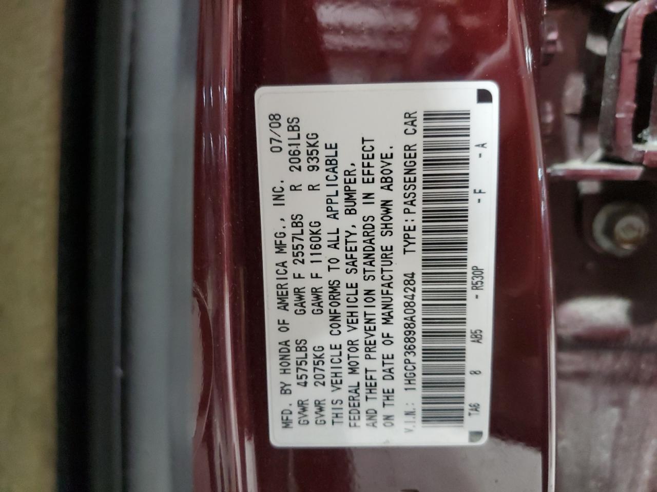 2008 Honda Accord VIN 1HGCP36898A084284 Copart auction photo, front end damage thumbnail 12