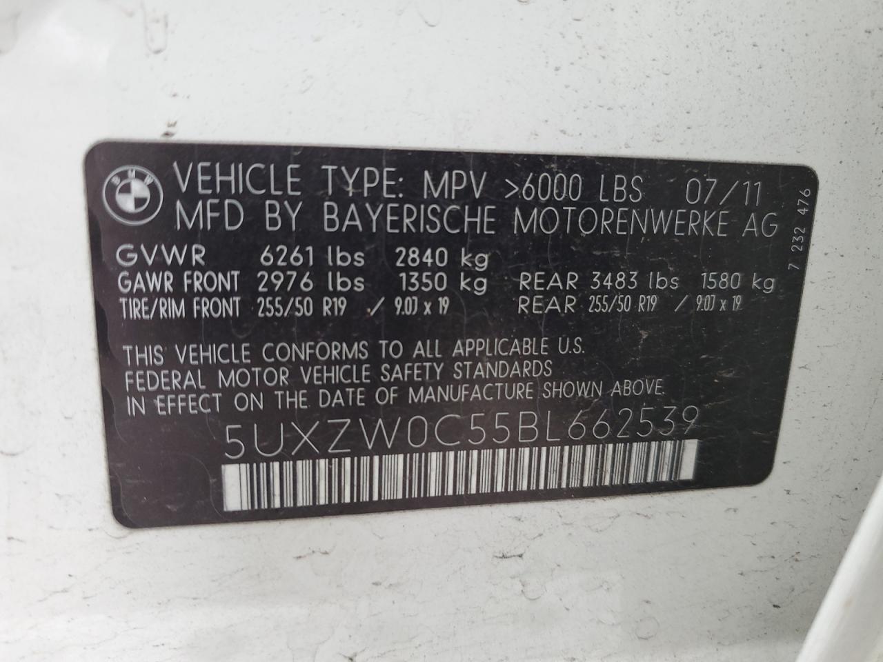 2011 BMW X5 VIN 5UXZW0C55BL662539 Copart auction photo, front end damage thumbnail 13