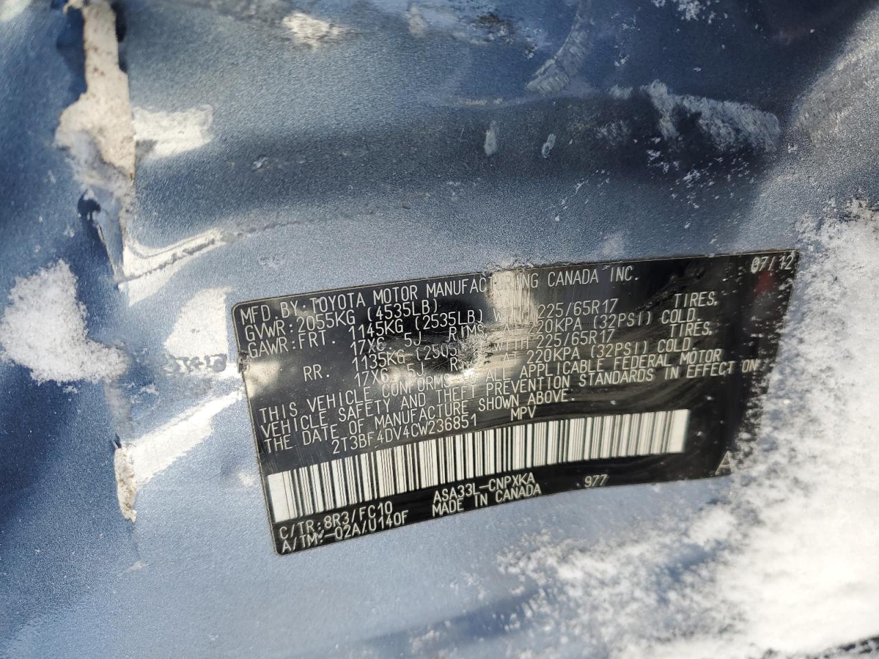 2012 Toyota RAV 4 VIN 2T3BF4DV4CW236851 Copart auction photo, side damage thumbnail 12