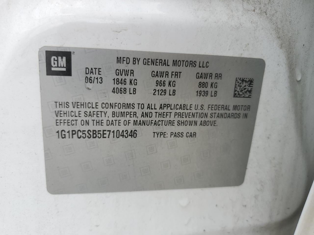 2014 Chevrolet Cruze VIN 1G1PC5SB5E7104346 Copart auction photo, rear end damage thumbnail 14
