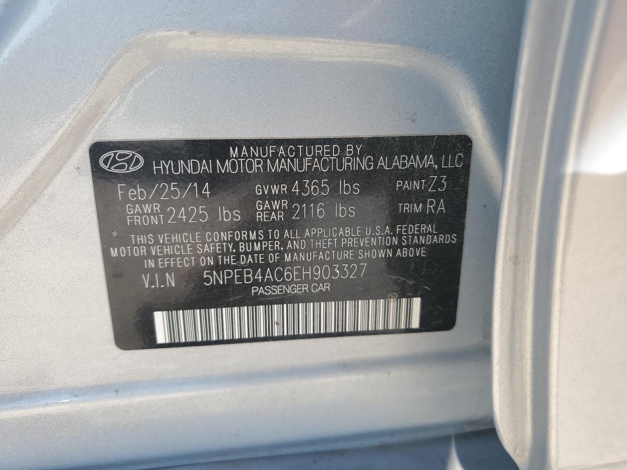 2014 Hyundai Sonata VIN 5NPEB4AC6EH903327 Copart auction photo, front end / side damage thumbnail 14