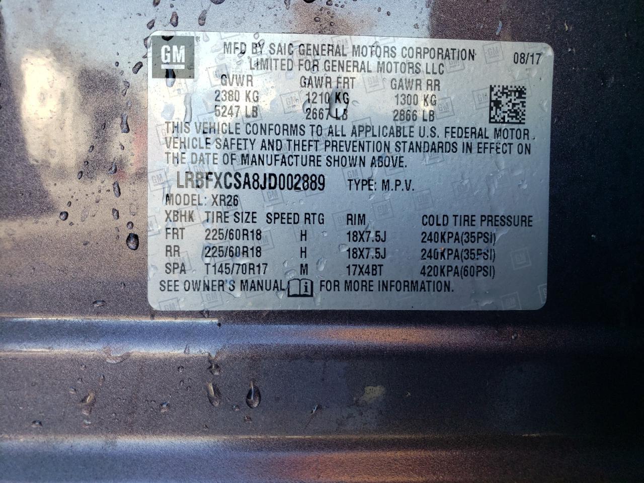 2018 Buick Envision VIN LRBFXCSA8JD002889 Copart auction photo, front end damage thumbnail 14