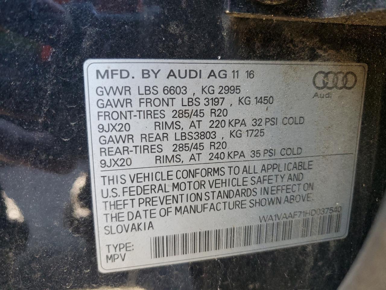 2017 Audi Q7 VIN WA1VAAF71HD037540 Copart auction photo, rear end damage thumbnail 14