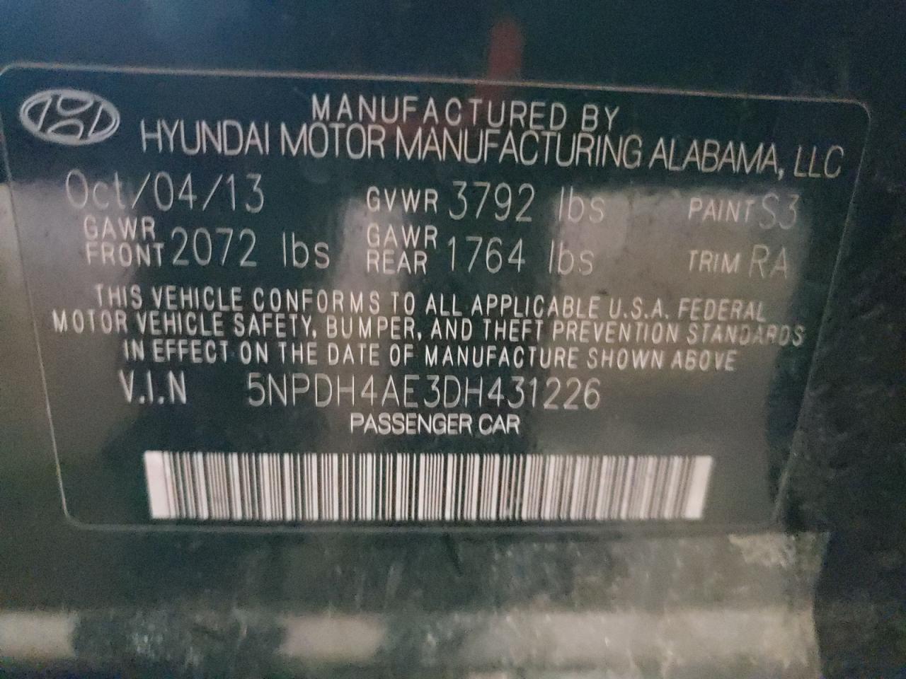 2013 Hyundai Elantra VIN 5NPDH4AE3DH431226 Copart auction photo, all over damage thumbnail 12