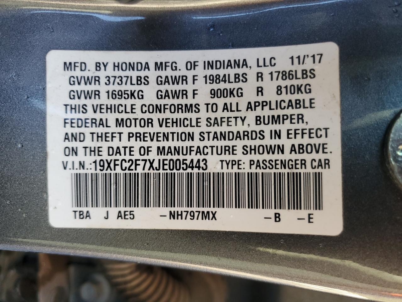 2018 Honda Civic VIN 19XFC2F7XJE005443 Copart auction photo, rear end damage thumbnail 12