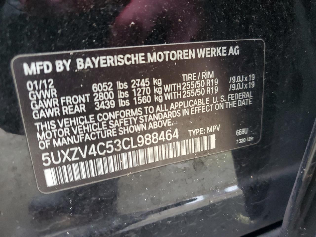 2012 BMW X5 VIN 5UXZV4C53CL988464 Copart auction photo, rear end damage thumbnail 14
