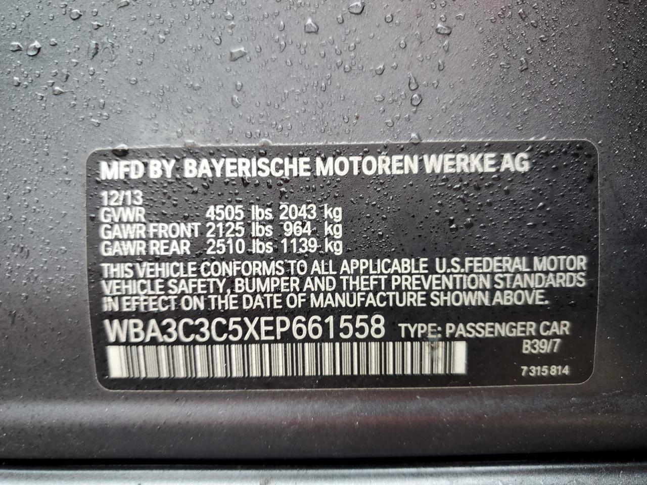 2014 BMW 3er VIN WBA3C3C5XEP661558 Copart auction photo, front end / minor dent/scratches damage thumbnail 12
