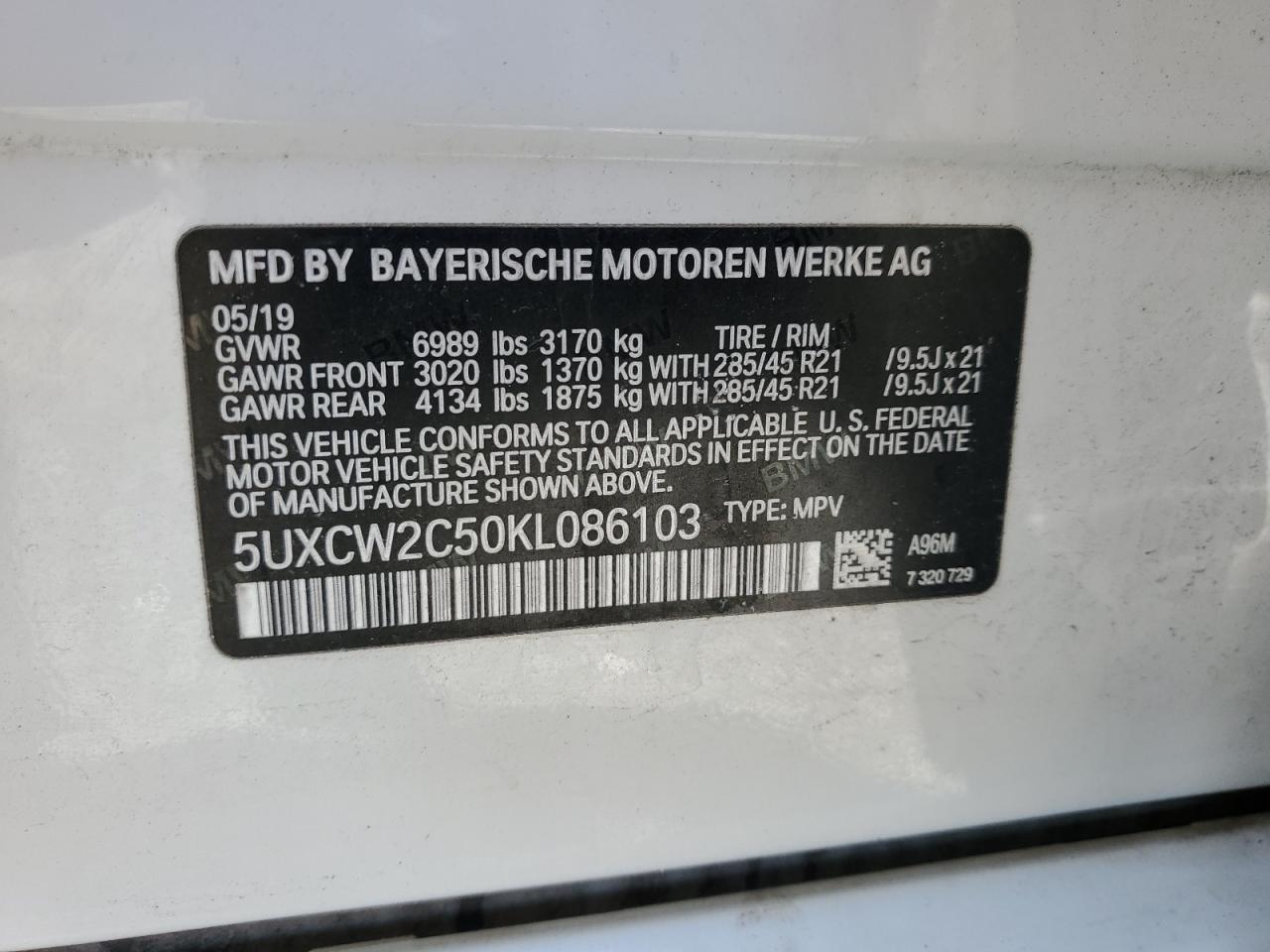 2019 BMW X7 VIN 5UXCW2C50KL086103 Copart auction photo, front end damage thumbnail 13
