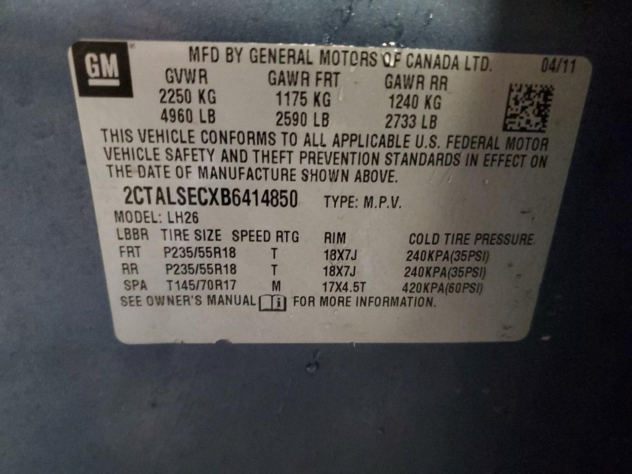 2011 GMC Terrain VIN 2CTALSECXB6414850 Copart auction photo, front end / side damage thumbnail 13