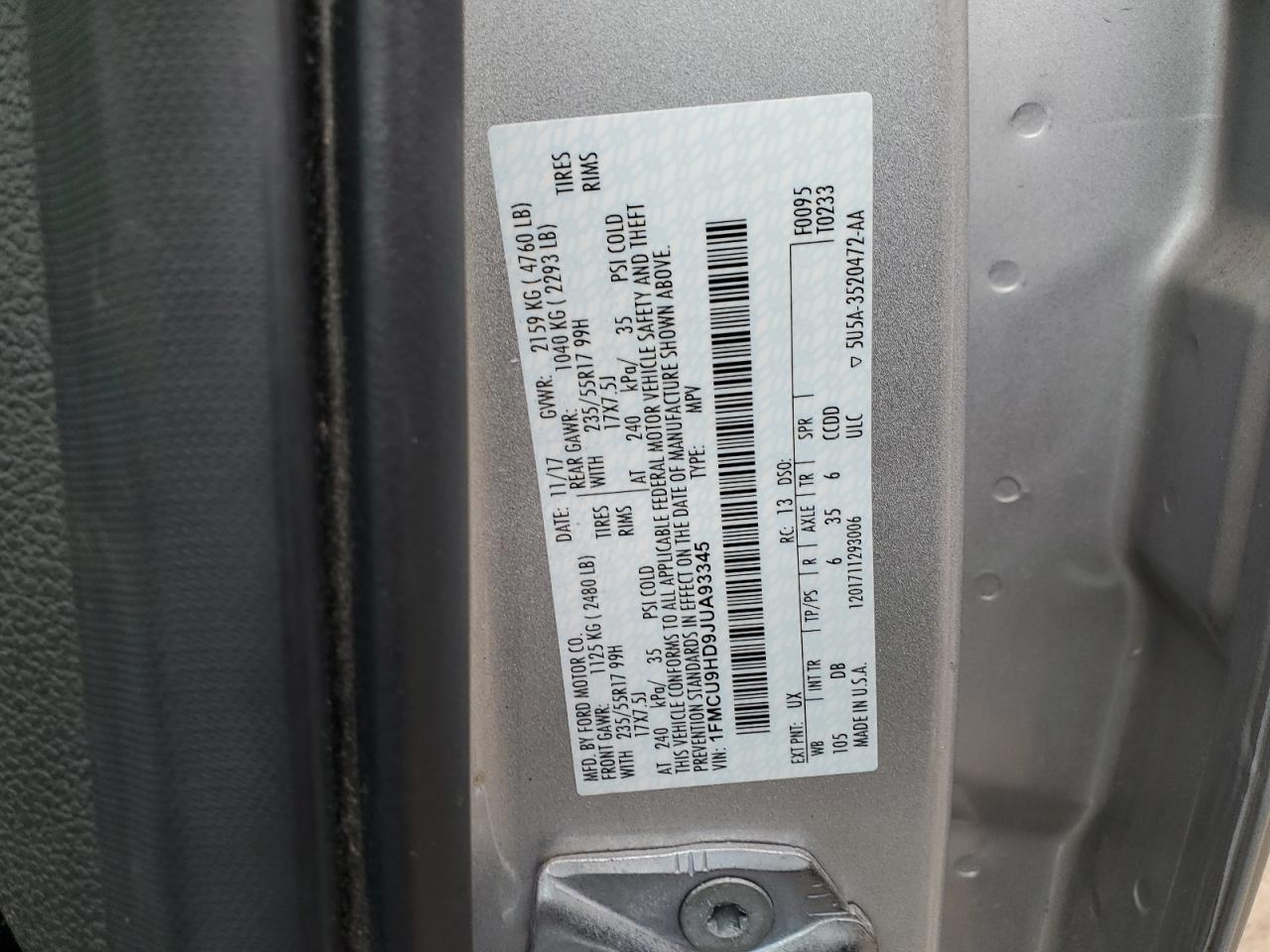 2018 Ford Escape VIN 1FMCU9HD9JUA93345 Copart auction photo, front end damage thumbnail 13