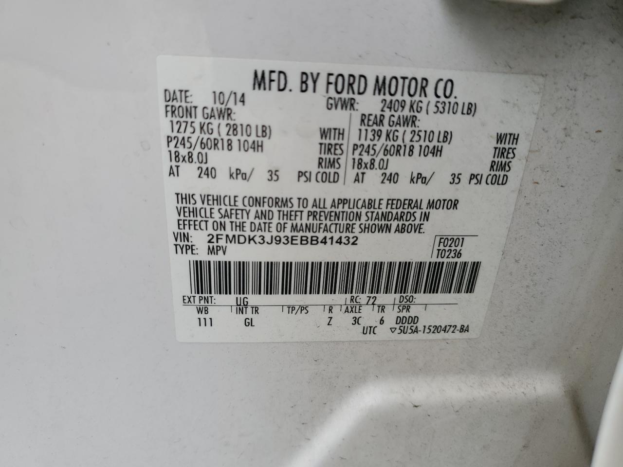 2014 Ford Edge VIN 2FMDK3J93EBB41432 Copart auction photo, mechanical damage thumbnail 12