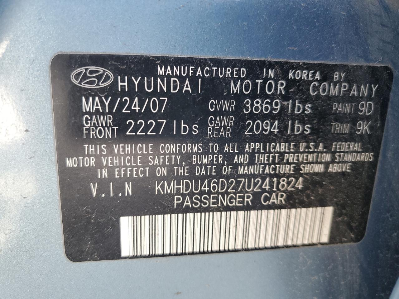 2007 Hyundai Elantra VIN KMHDU46D27U241824 Copart auction photo, front end / mechanical damage thumbnail 14