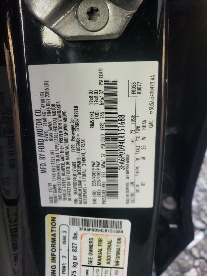 2020 Ford Fusion VIN 3FA6P0D94LR151688 Copart auction photo, front end / side damage thumbnail 14