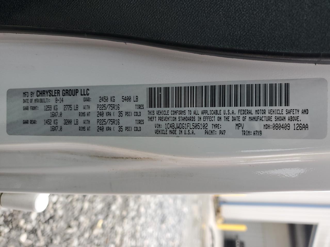 2015 Jeep Wrangler VIN 1C4BJWDG1FL505102 Copart auction photo, rear end damage thumbnail 13