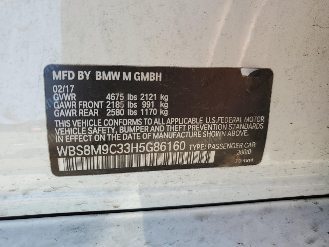 2017 BMW M3 VIN WBS8M9C33H5G86160 Copart auction photo, front end / undercarriage damage thumbnail 12