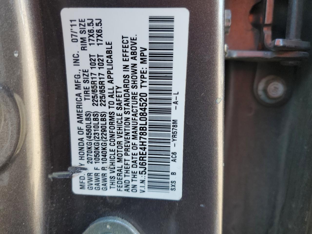 2011 Honda CR-V VIN 5J6RE4H78BL084520 Copart auction photo, side damage thumbnail 13