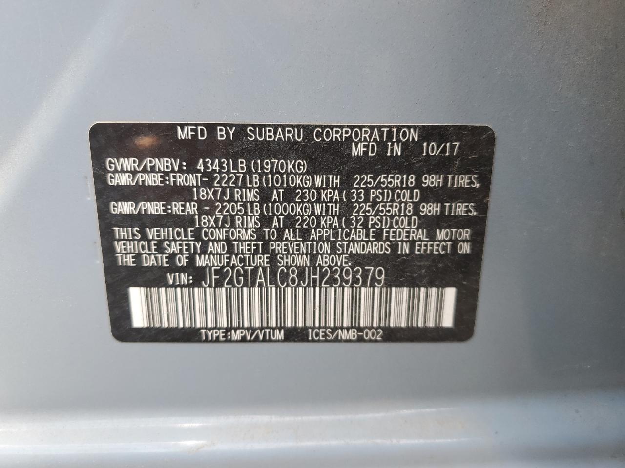 2018 Subaru XV VIN JF2GTALC8JH239379 Copart auction photo, front end damage thumbnail 13