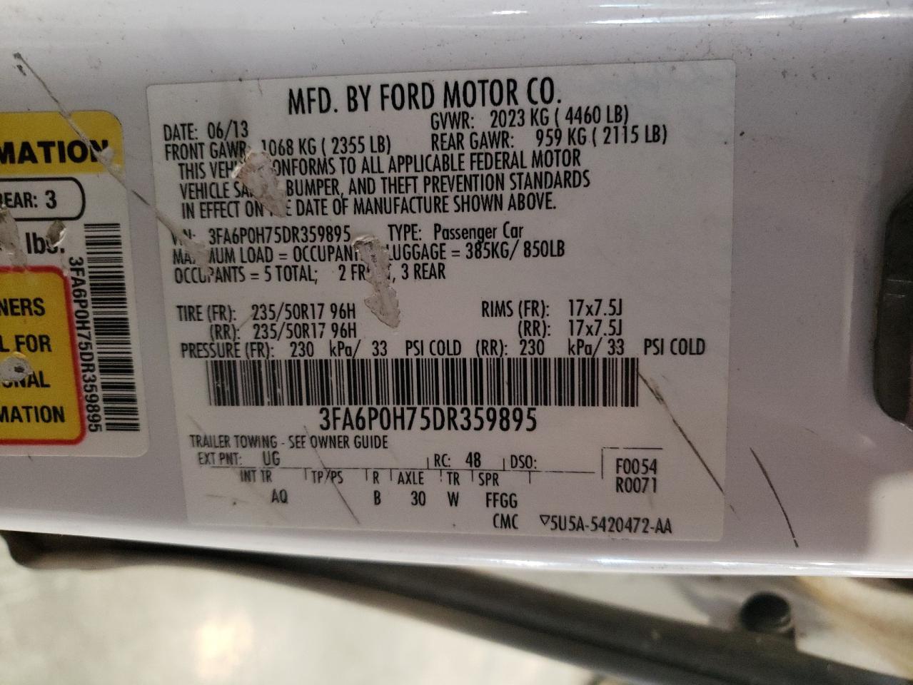 2013 Ford Fusion VIN 3FA6P0H75DR359895 Copart auction photo, front end / side damage thumbnail 12