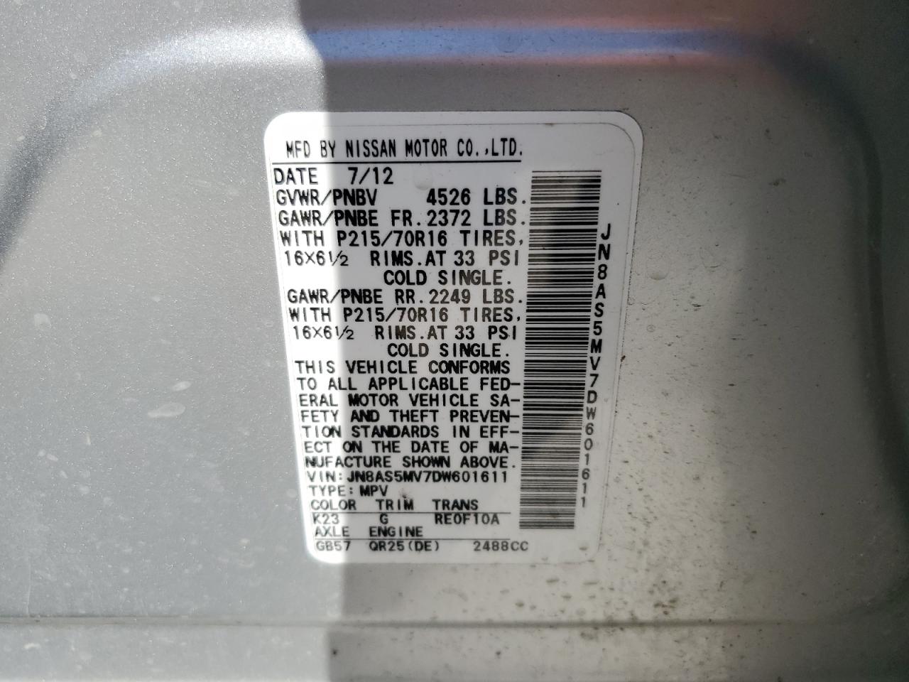 2013 Nissan Rogue VIN JN8AS5MV7DW601611 Copart auction photo, all over damage thumbnail 12