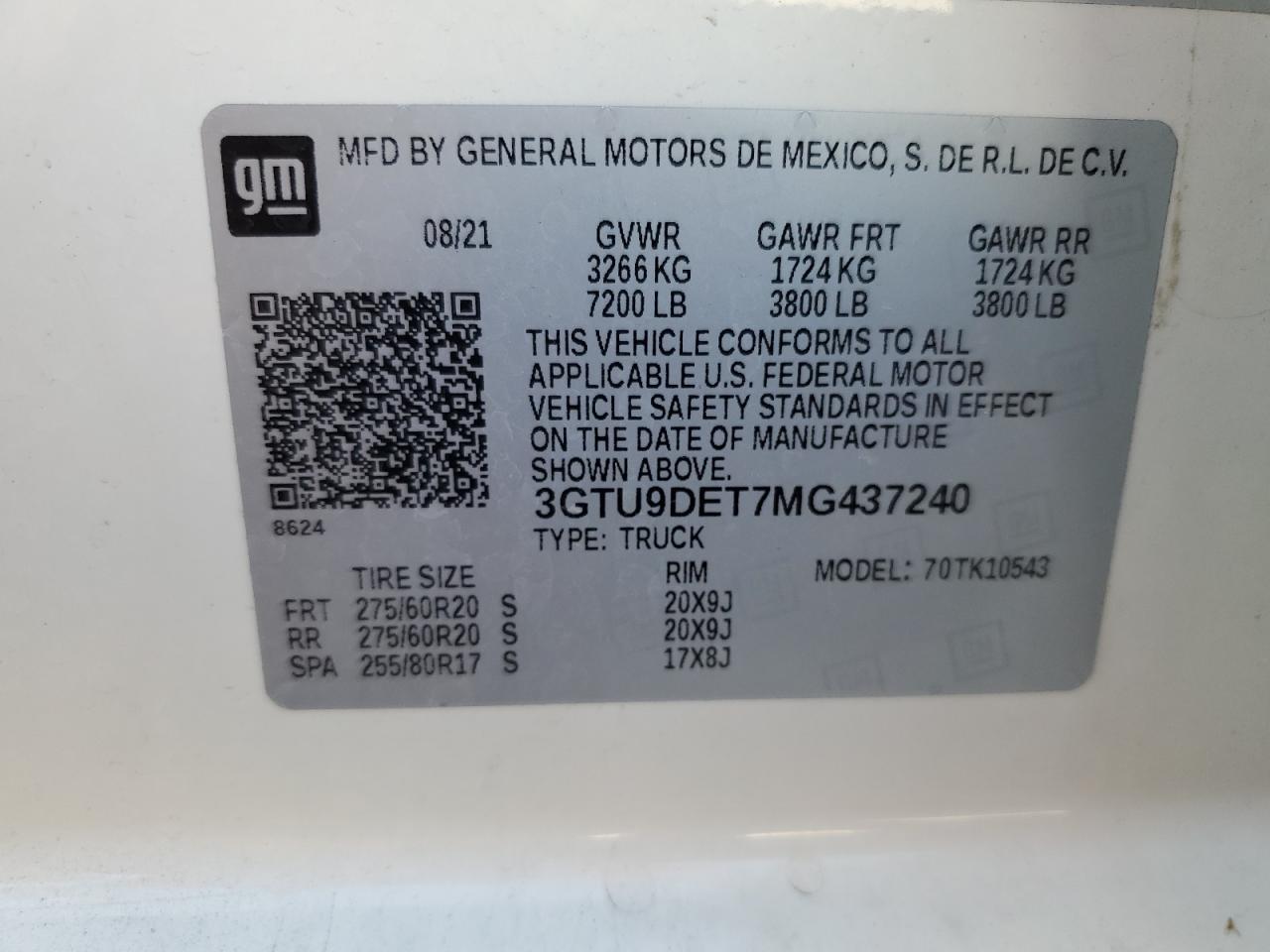 2021 GMC Sierra VIN 3GTU9DET7MG437240 Copart auction photo, top/roof / rear end damage thumbnail 12