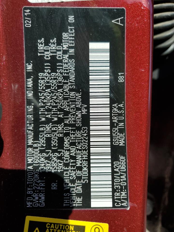 2014 Toyota Highlander VIN 5TDDKRFH0ES022453 Copart auction photo, side / front end damage thumbnail 15