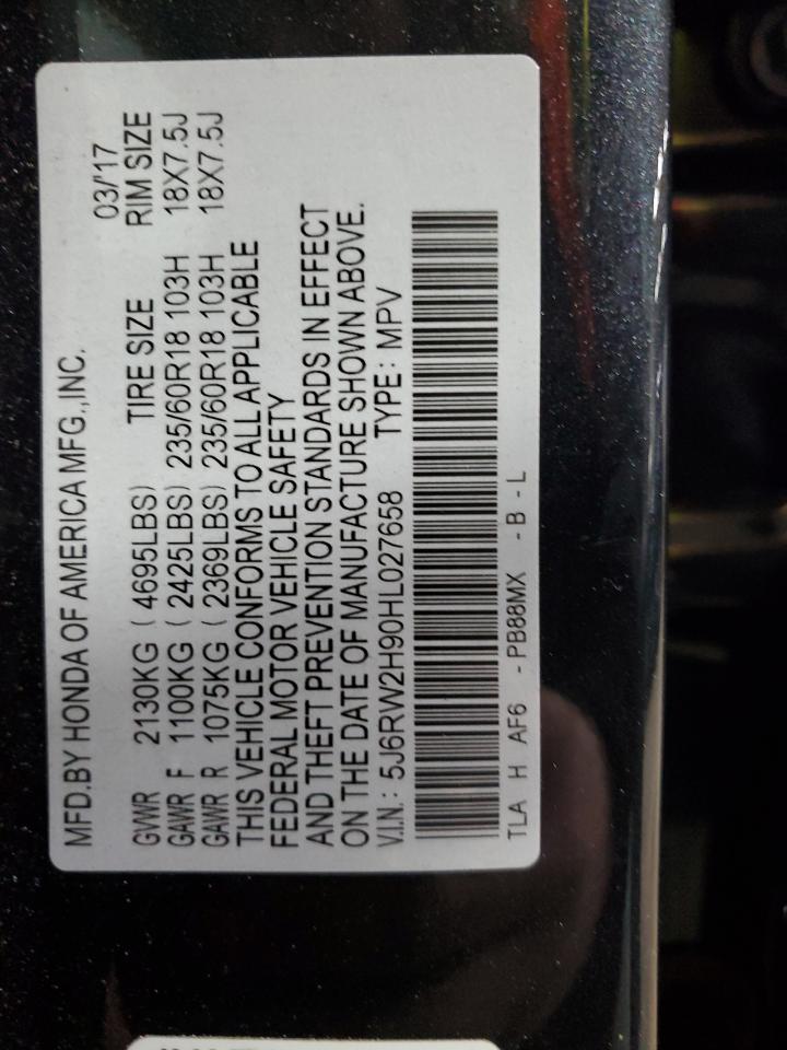 2017 Honda CR-V VIN 5J6RW2H90HL027658 Copart auction photo, rear end damage thumbnail 14