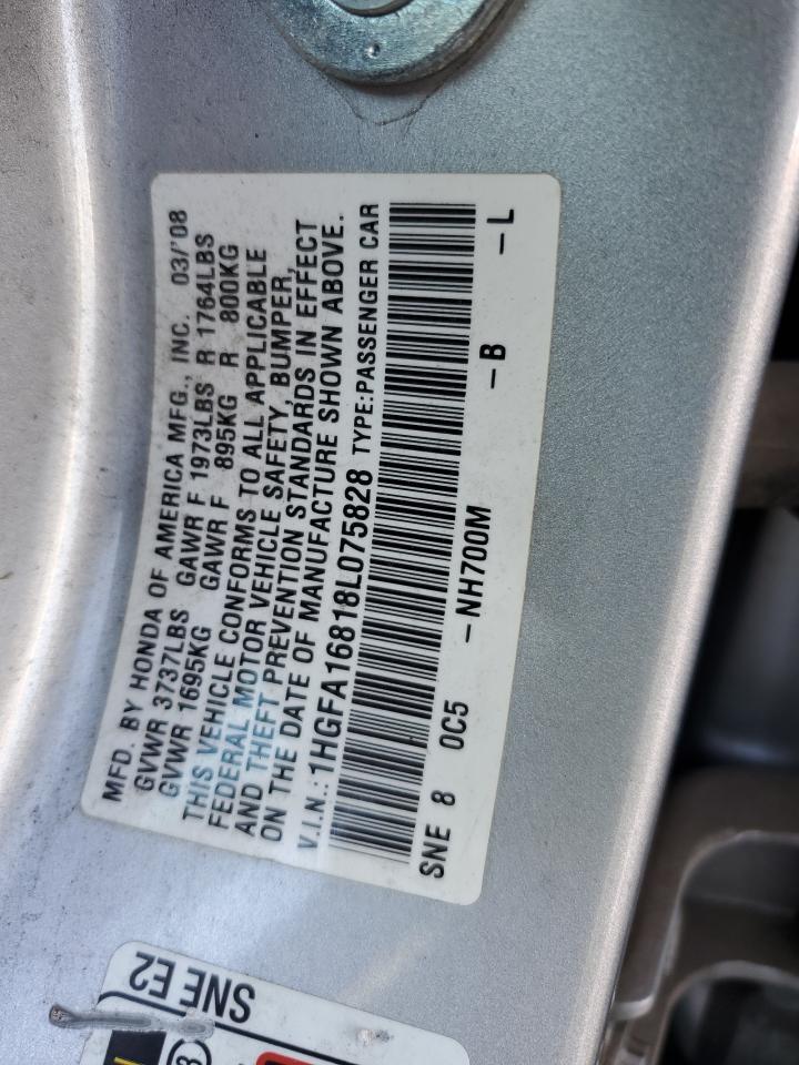 2008 Honda Civic VIN 1HGFA16818L075828 Copart auction photo, hail / front end damage thumbnail 12