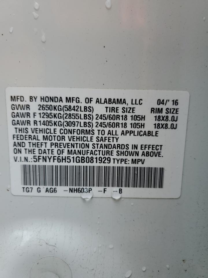 2016 Honda Pilot VIN 5FNYF6H51GB081929 Copart auction photo, front end damage thumbnail 15