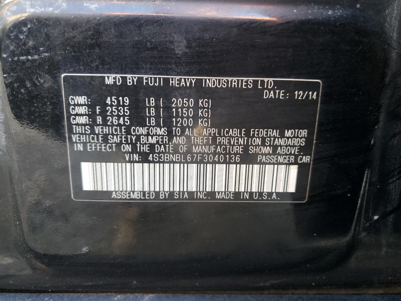 2015 Subaru Legacy VIN 4S3BNBL67F3040136 Copart auction photo, front end / undercarriage damage thumbnail 12