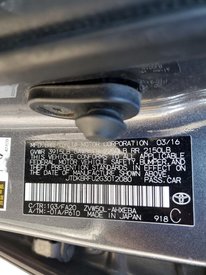 2016 Toyota Prius VIN JTDKBRFU2G3012080 Copart auction photo, front end / minor dent/scratches damage thumbnail 12