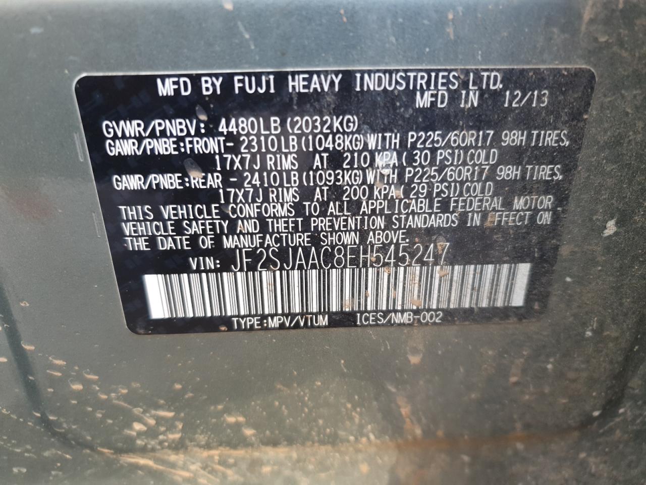 2014 Subaru Forester VIN JF2SJAAC8EH545247 Copart auction photo, front end damage thumbnail 15