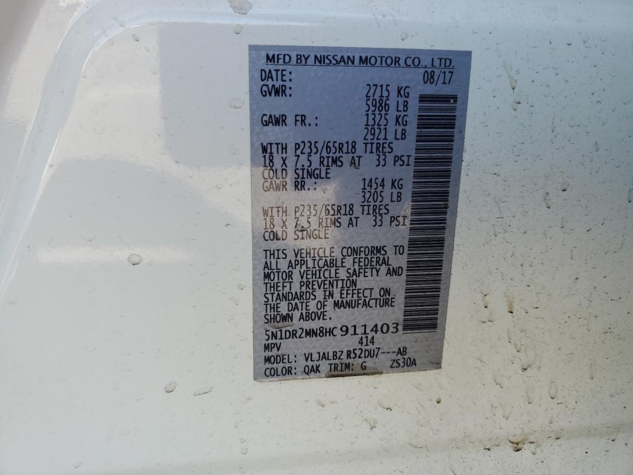 2017 Nissan Pathfinder VIN 5N1DR2MN8HC911403 Copart auction photo, front end / side damage thumbnail 14