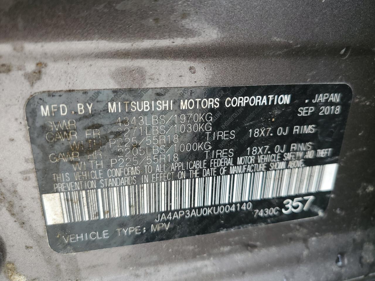 2019 Mitsubishi Outlander VIN JA4AP3AU0KU004140 Copart auction photo, front end / minor dent/scratches damage thumbnail 13