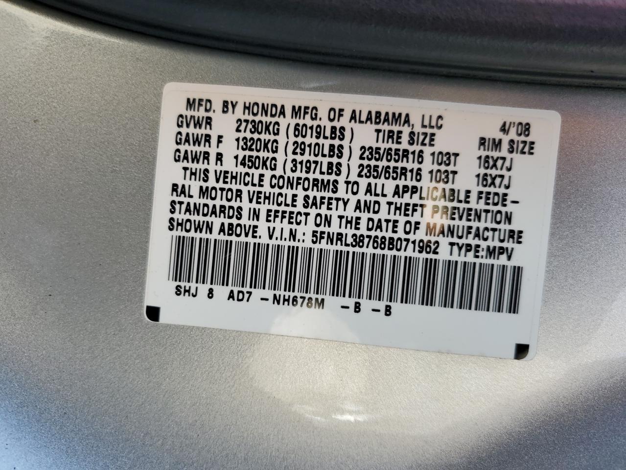 2008 Honda Odyssey VIN 5FNRL38768B071962 Copart auction photo, side / front end damage thumbnail 13