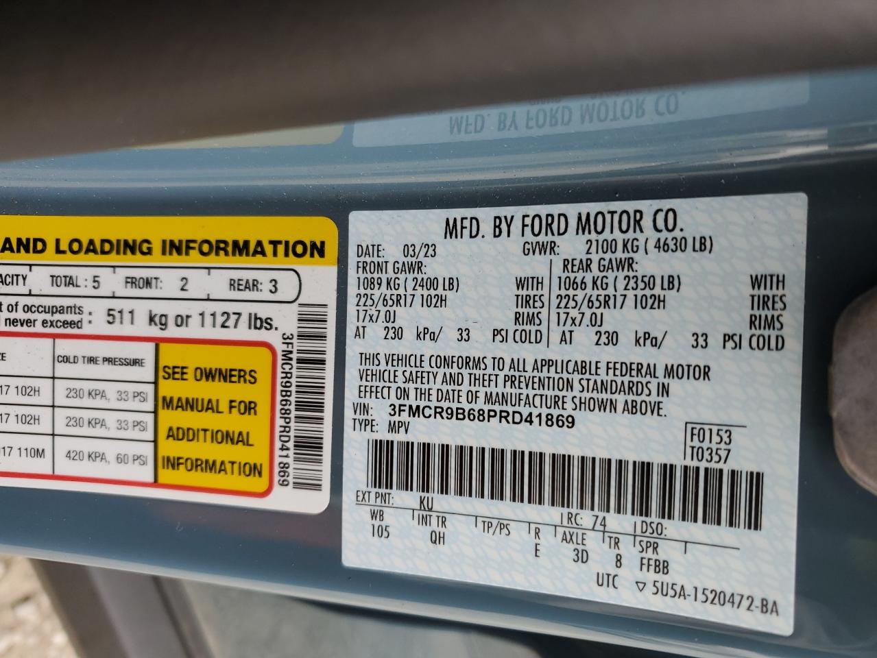 2023 Ford Bronco VIN 3FMCR9B68PRD41869 Copart auction photo, front end damage thumbnail 15