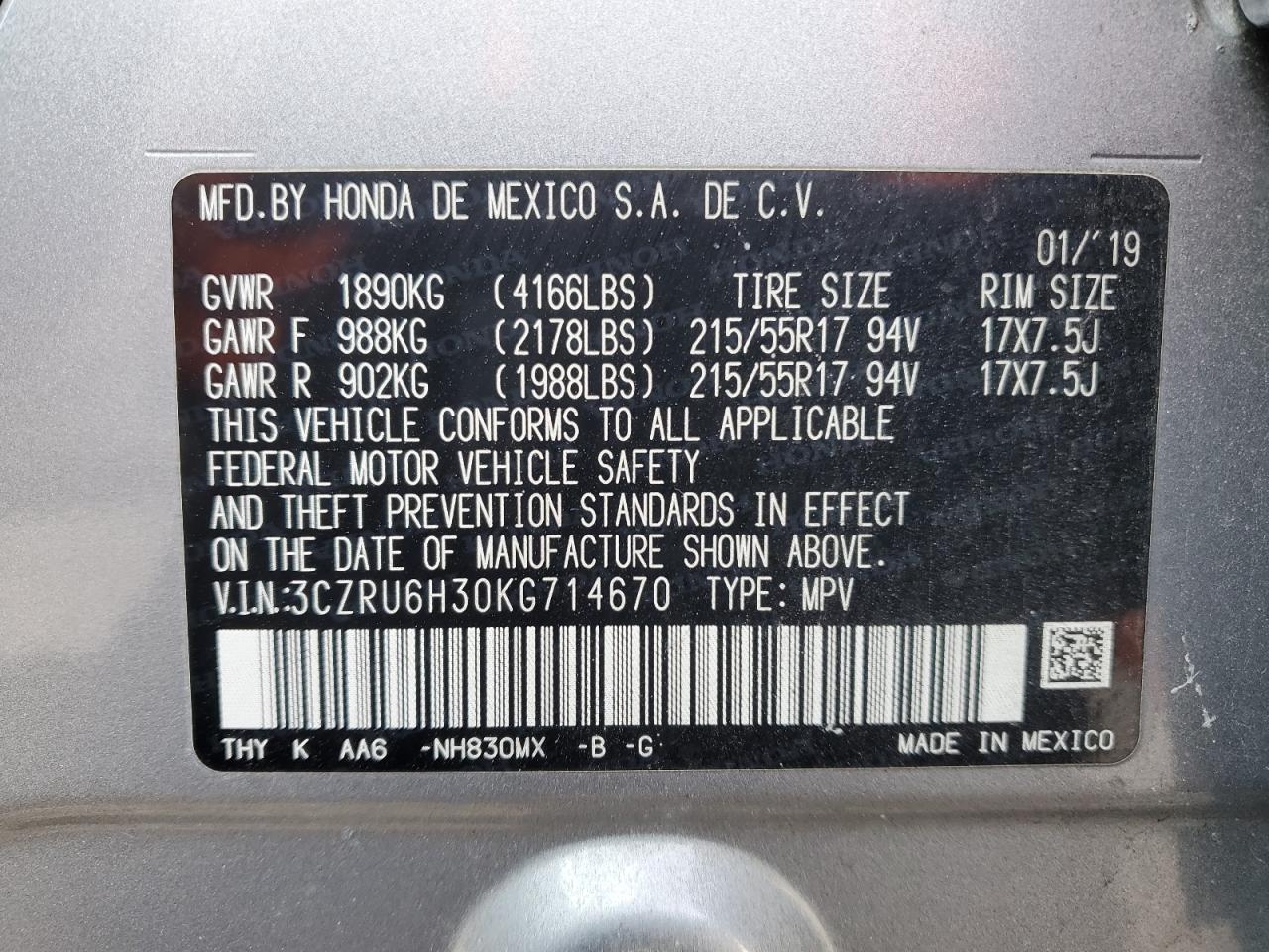 2019 Honda HR-V VIN 3CZRU6H30KG714670 Copart auction photo, front end damage thumbnail 15