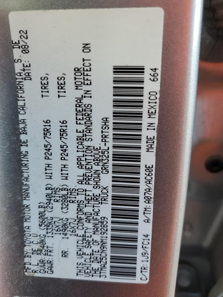 2022 Toyota Tacoma VIN 3TMAZ5CN9NM192859 Copart auction photo, front end damage thumbnail 12