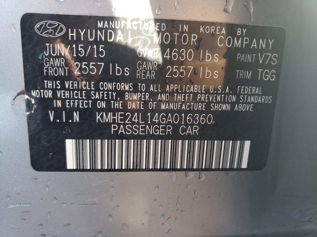 2016 Hyundai Sonata VIN KMHE24L14GA016360 Copart auction photo, front end damage thumbnail 13