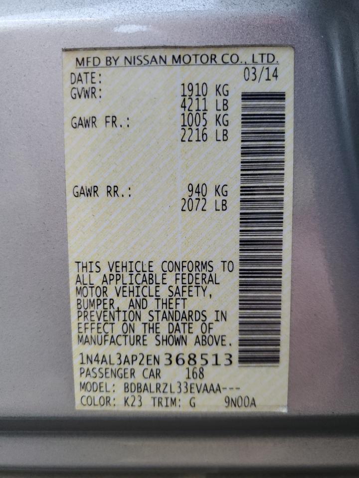 2014 Nissan Altima VIN 1N4AL3AP2EN368513 Copart auction photo, side / rear end damage thumbnail 12