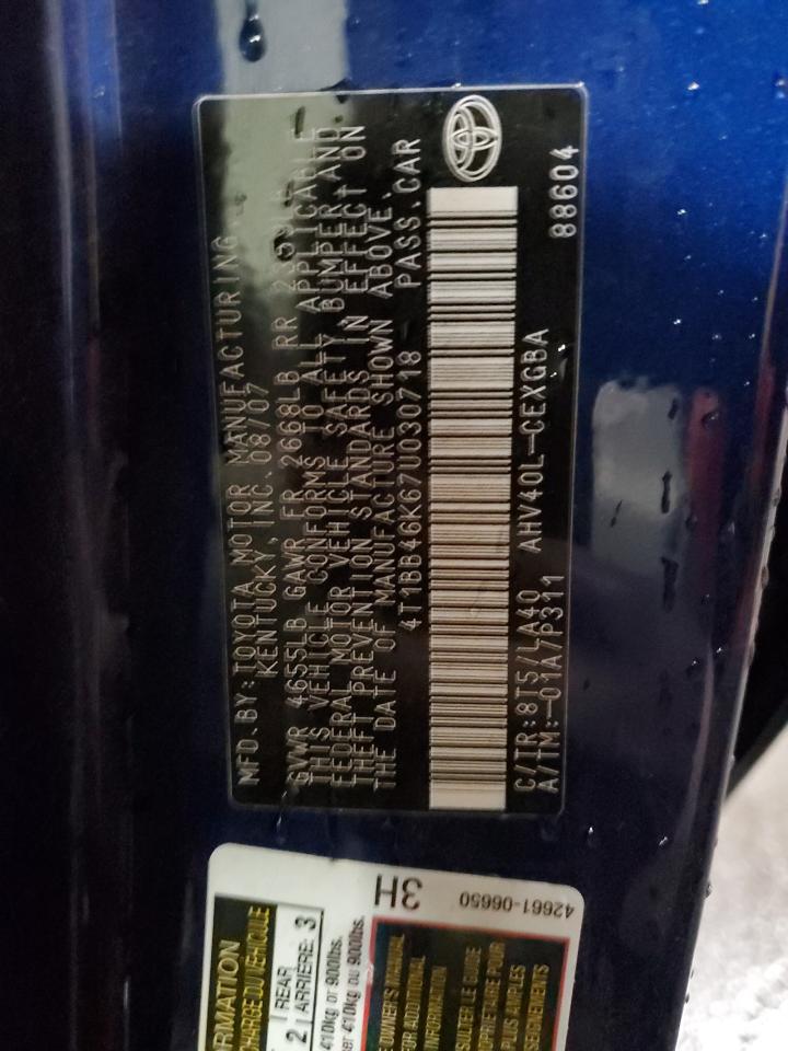 2007 Toyota Camry VIN 4T1BB46K67U030718 Copart auction photo, front end / rear end damage thumbnail 12